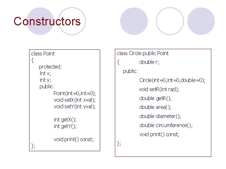 Constructors class Point { protected: int x; int y; public: Point(int=0, int=0); void set.