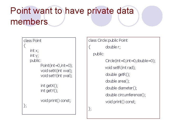 Point want to have private data members class Point { int x; int y;