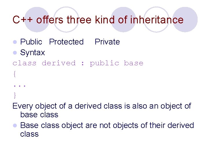 C++ offers three kind of inheritance Public Protected Private l Syntax class derived :