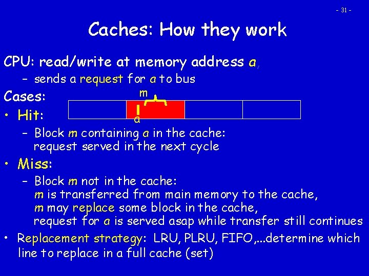 - 31 - Caches: How they work CPU: read/write at memory address a, –