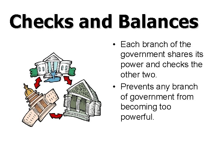 Checks and Balances • Each branch of the government shares its power and checks