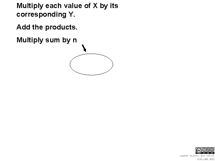 Multiply each value of X by its corresponding Y. Add the products. Multiply sum