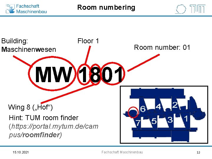 Room numbering Building: Maschinenwesen Floor 1 Room number: 01 MW 1801 Wing 8 („Hof“)