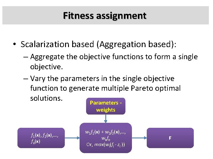 Fitness assignment • Scalarization based (Aggregation based): – Aggregate the objective functions to form