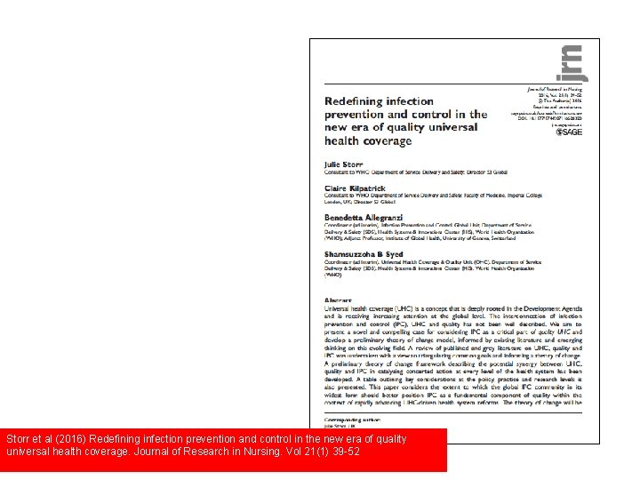 Storr et al (2016) Redefining infection prevention and control in the new era of