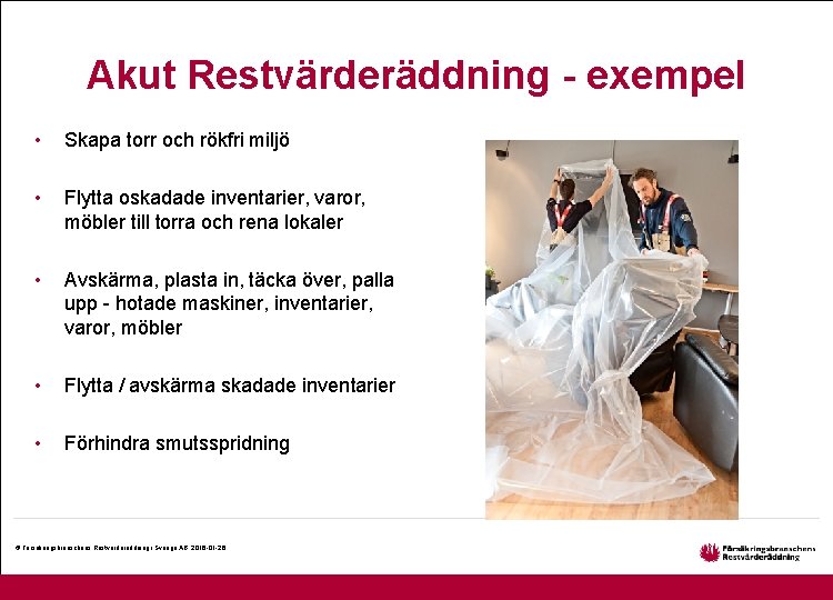 Akut Restvärderäddning - exempel • Skapa torr och rökfri miljö • Flytta oskadade inventarier,