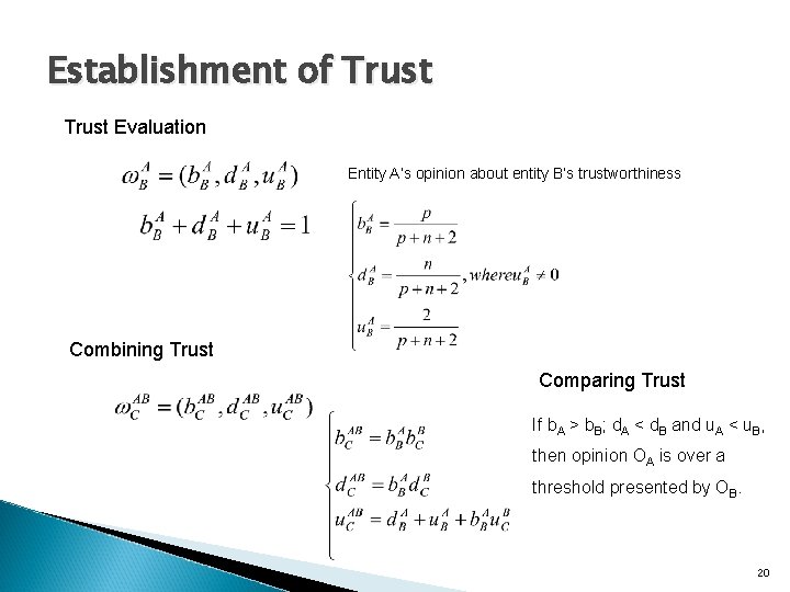 Establishment of Trust Evaluation Entity A’s opinion about entity B’s trustworthiness Combining Trust Comparing