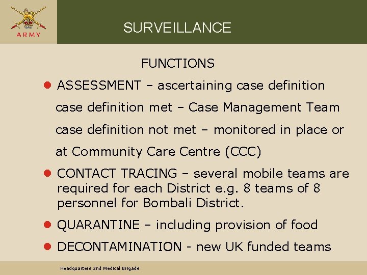 SURVEILLANCE FUNCTIONS l ASSESSMENT – ascertaining case definition met – Case Management Team case