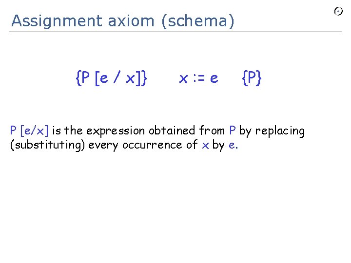 Assignment axiom (schema) {P [e / x]} x : = e {P} P [e/x]