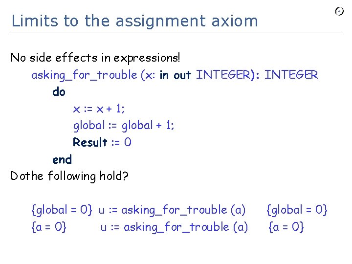 Limits to the assignment axiom No side effects in expressions! asking_for_trouble (x: in out