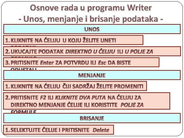 Osnove rada u programu Writer - Unos, menjanje i brisanje podataka UNOS FORMULE DIREKTNO