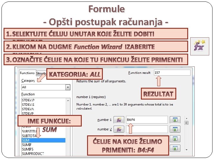 Formule - Opšti postupak računanja Function Wizard ALL SUM B 4: F 4 