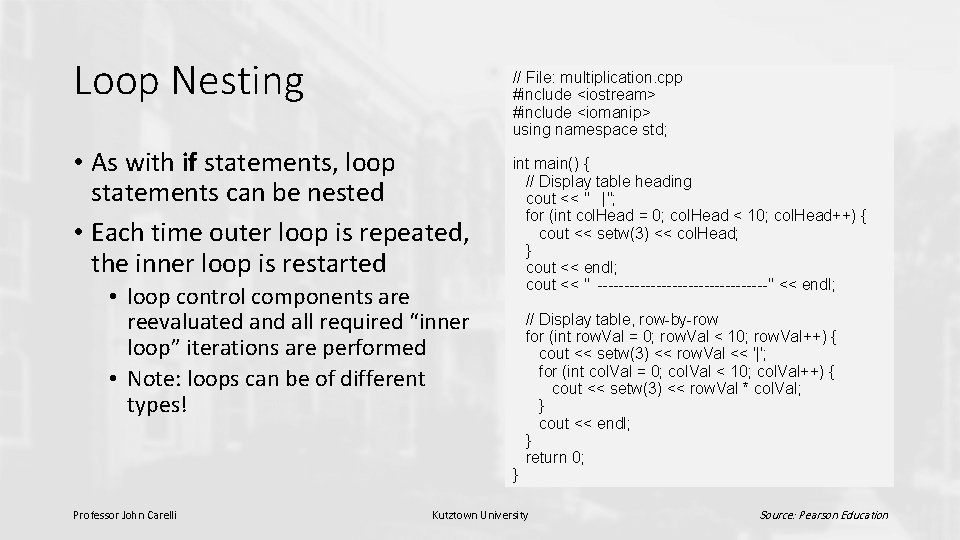 Loop Nesting // File: multiplication. cpp #include <iostream> #include <iomanip> using namespace std; • Loop Nesting // File: multiplication. cpp #include <iostream> #include <iomanip> using namespace std; •