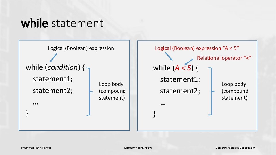 while statement Logical (Boolean) expression “A < 5” Logical (Boolean) expression Relational operator “<” while statement Logical (Boolean) expression “A < 5” Logical (Boolean) expression Relational operator “<”