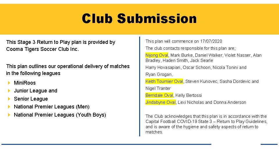 Club Submission This Stage 3 Return to Play plan is provided by Cooma Tigers