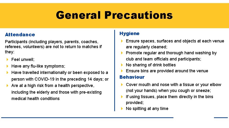 General Precautions Attendance Hygiene Participants (including players, parents, coaches, referees, volunteers) are not to