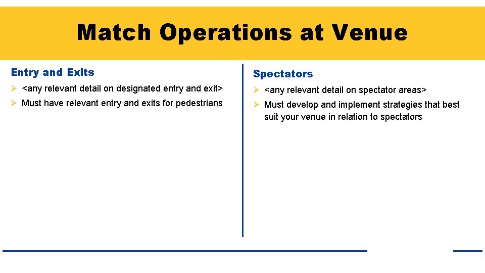 Match Operations at Venue Entry and Exits Spectators Ø <any relevant detail on designated