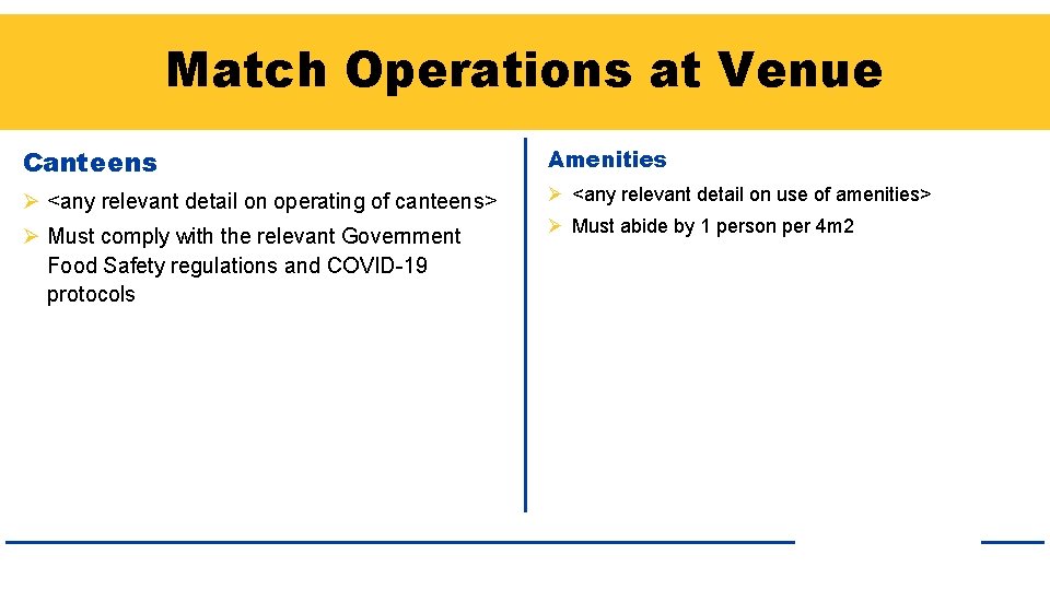 Match Operations at Venue Canteens Amenities Ø <any relevant detail on operating of canteens>