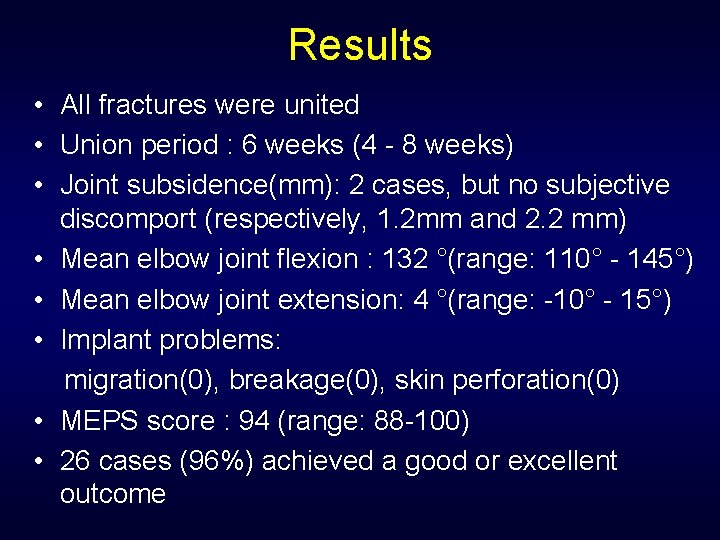 Results • All fractures were united • Union period : 6 weeks (4 -