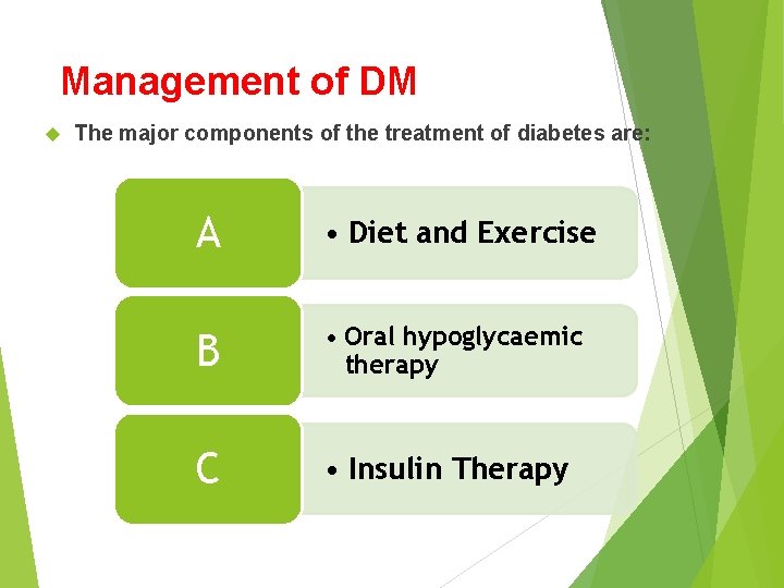 Management of DM The major components of the treatment of diabetes are: A •