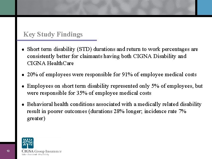 Key Study Findings 18 ● Short term disability (STD) durations and return to work