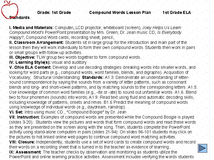 Grade: 1 st Grade Compound Words Lesson Plan 1 st Grade ELA Standards I.