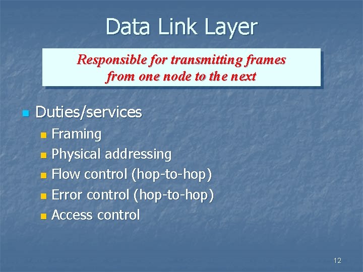 Data Link Layer Responsible for transmitting frames from one node to the next n