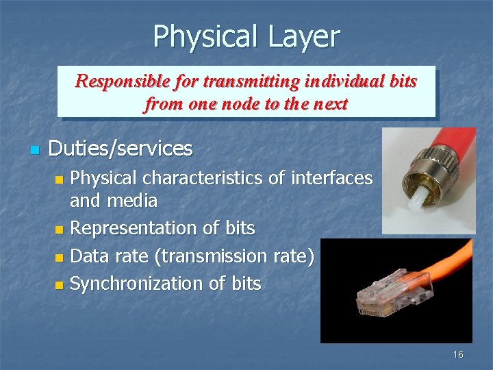 Physical Layer Responsible for transmitting individual bits from one node to the next n
