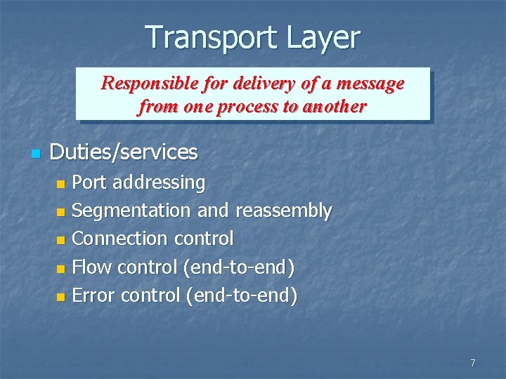 Transport Layer Responsible for delivery of a message from one process to another n