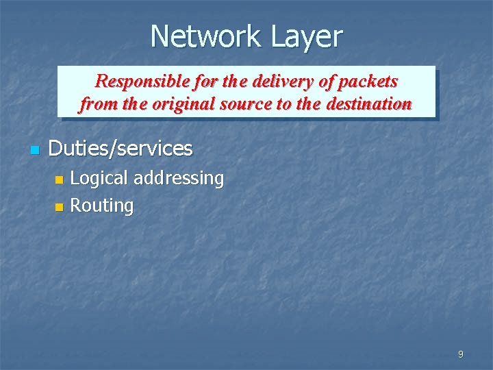 Network Layer Responsible for the delivery of packets from the original source to the