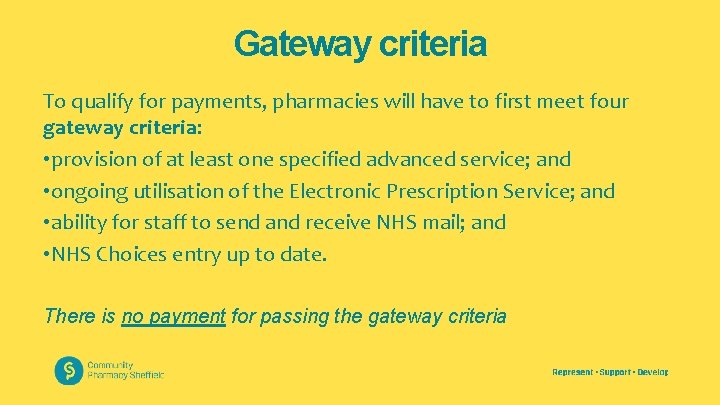 Gateway criteria To qualify for payments, pharmacies will have to first meet four gateway