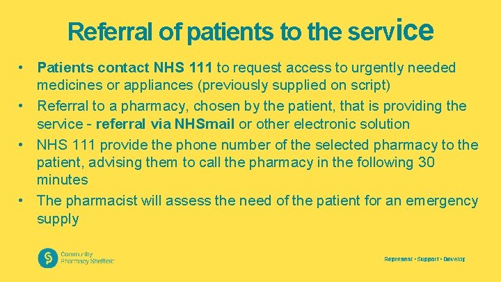 Referral of patients to the service • Patients contact NHS 111 to request access