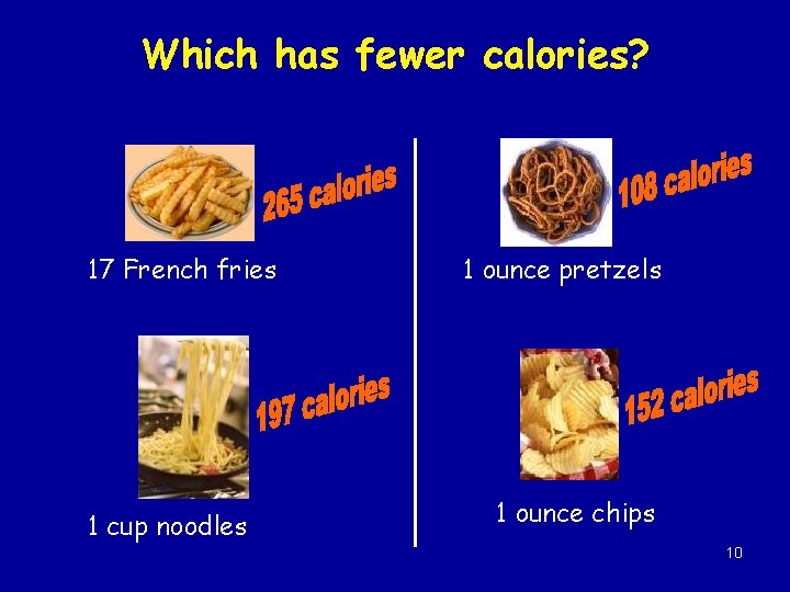 Which has fewer calories? 17 French fries 1 cup noodles 1 ounce pretzels 1