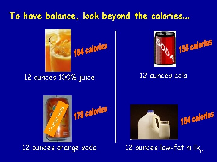 To have balance, look beyond the calories… 12 ounces cola Or an ge s