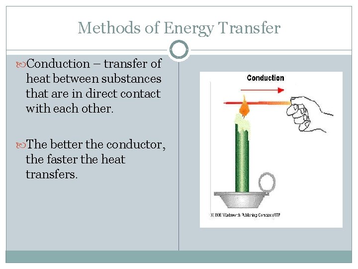 Methods of Energy Transfer Conduction – transfer of heat between substances that are in