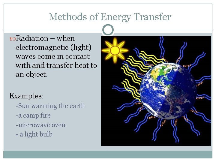 Methods of Energy Transfer Radiation – when electromagnetic (light) waves come in contact with