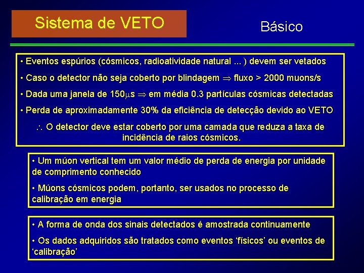 Sistema de VETO Básico • Eventos espúrios (cósmicos, radioatividade natural. . . ) devem