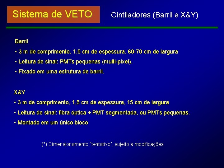 Sistema de VETO Cintiladores (Barril e X&Y) Barril • 3 m de comprimento, 1,