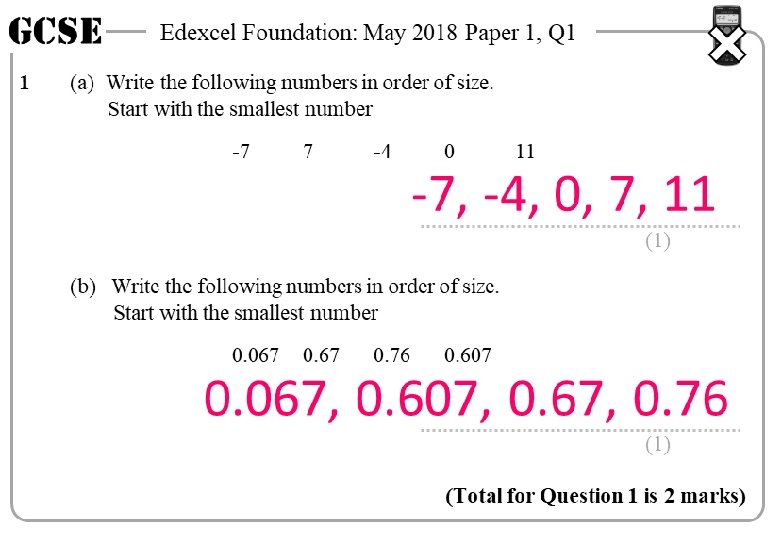 GCSE 1 Edexcel Foundation: May 2018 Paper 1, Q 1 (a) Write the following