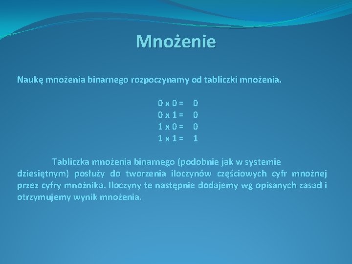 Mnożenie Naukę mnożenia binarnego rozpoczynamy od tabliczki mnożenia. 0 x 0= 0 x 1=