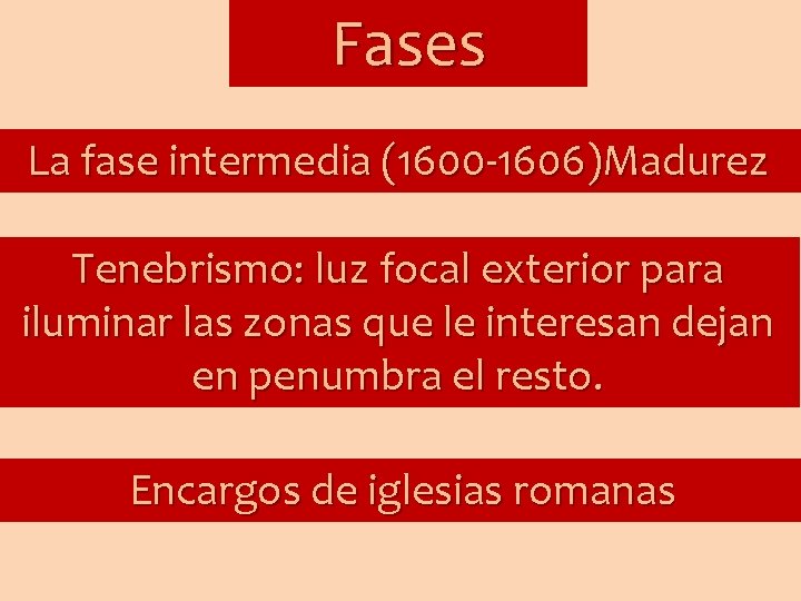 Fases La fase intermedia (1600 -1606)Madurez Tenebrismo: luz focal exterior para iluminar las zonas