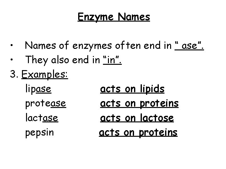 Enzyme Names • Names of enzymes often end in “ ase”. • They also