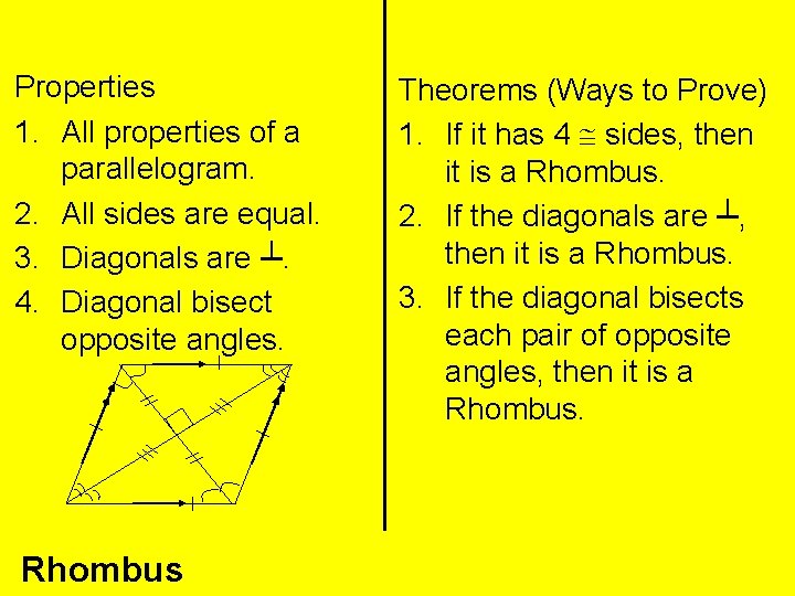 Properties 1. All properties of a parallelogram. 2. All sides are equal. 3. Diagonals