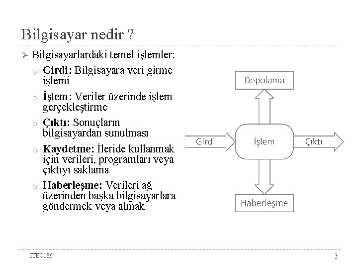 Bilgisayar nedir ? Ø Bilgisayarlardaki temel işlemler: o Girdi: Bilgisayara veri girme işlemi o