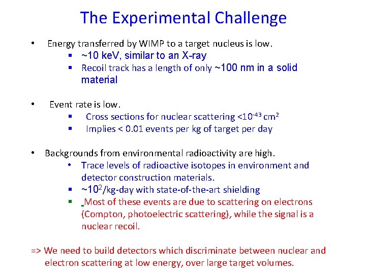 The Experimental Challenge • Energy transferred by WIMP to a target nucleus is low.