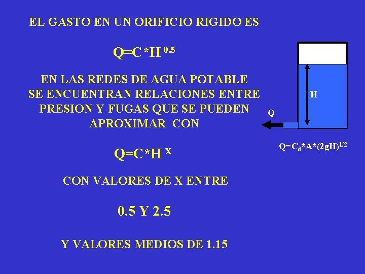 EL GASTO EN UN ORIFICIO RIGIDO ES Q=C*H 0. 5 EN LAS REDES DE