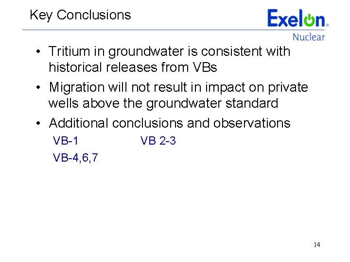 Key Conclusions • Tritium in groundwater is consistent with historical releases from VBs •