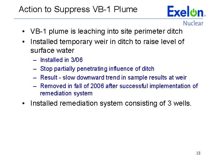 Action to Suppress VB-1 Plume • VB-1 plume is leaching into site perimeter ditch