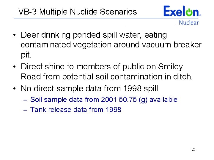 VB-3 Multiple Nuclide Scenarios • Deer drinking ponded spill water, eating contaminated vegetation around