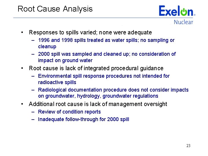 Root Cause Analysis • Responses to spills varied; none were adequate – 1996 and